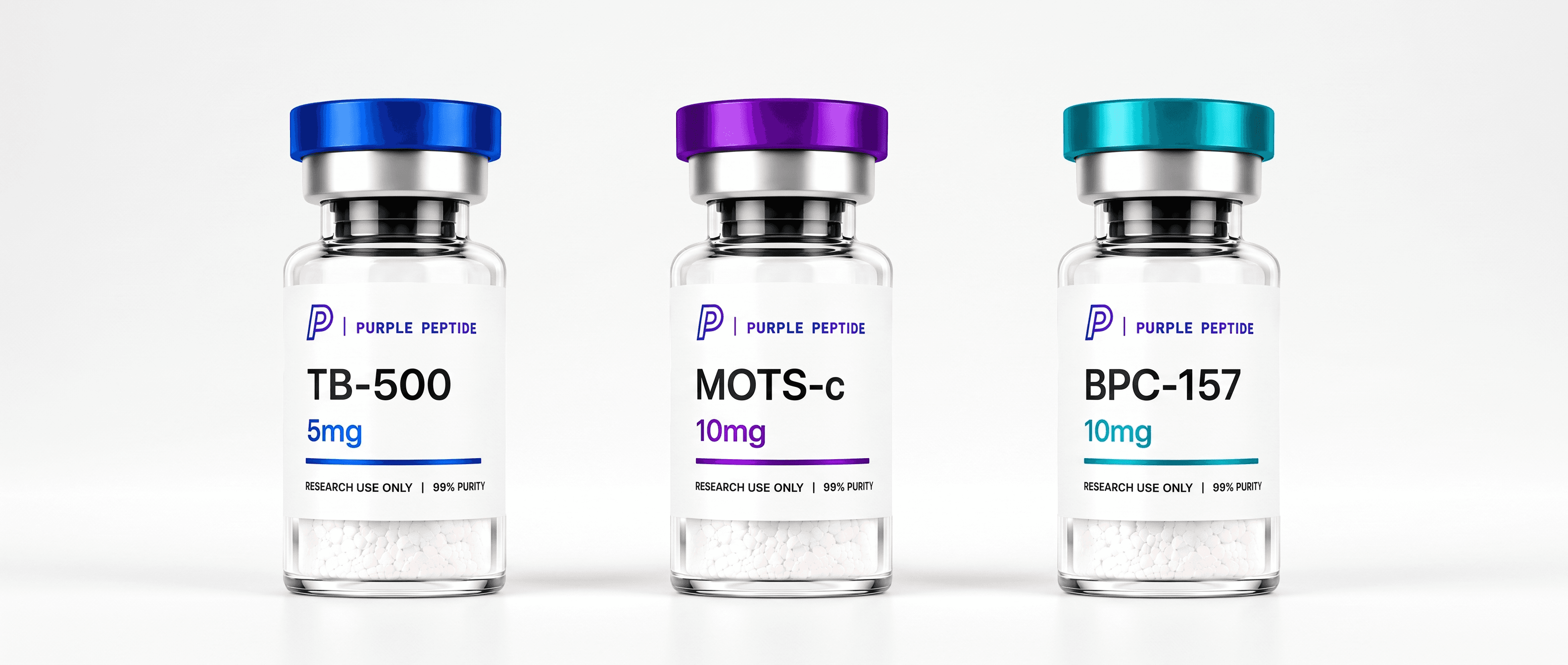 NovaWell research vials — TB-500, MOTS-c, and BPC-157